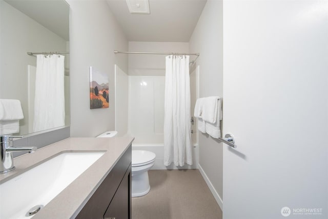 bathroom with toilet, shower / bathtub combination with curtain, and vanity