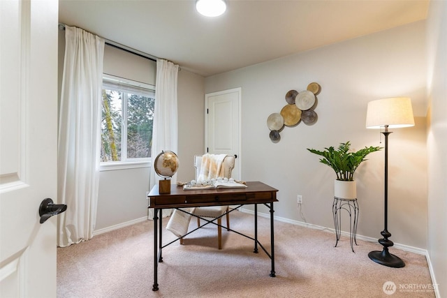 home office with light colored carpet and baseboards