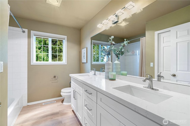 full bath with toilet, wood finished floors, baseboards, and a sink