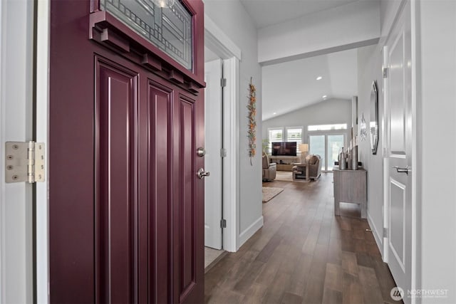 hall featuring recessed lighting, dark wood-style flooring, vaulted ceiling, and baseboards