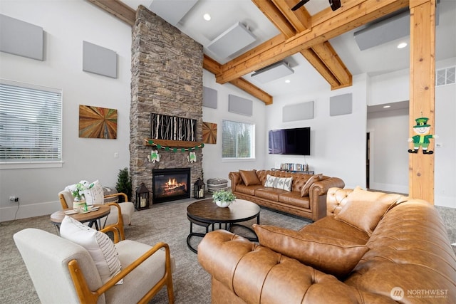 carpeted living room with baseboards, beamed ceiling, a fireplace, high vaulted ceiling, and recessed lighting