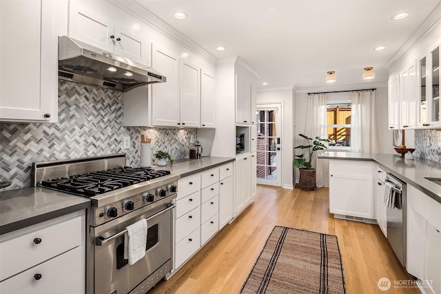 kitchen featuring appliances with stainless steel finishes, white cabinetry, light wood-style flooring, and under cabinet range hood