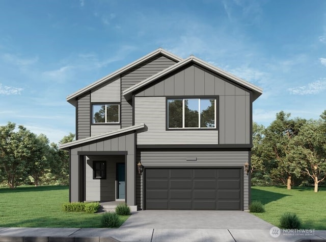 view of front of property with concrete driveway, a front lawn, and board and batten siding