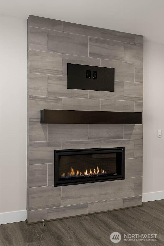 details with a fireplace, baseboards, and wood finished floors