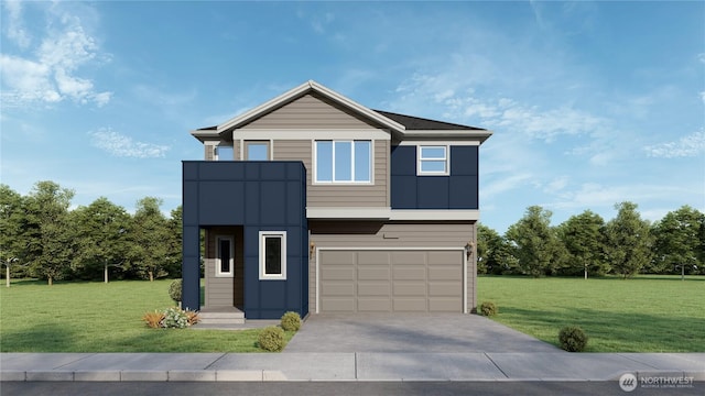 modern home featuring driveway, board and batten siding, and a front yard