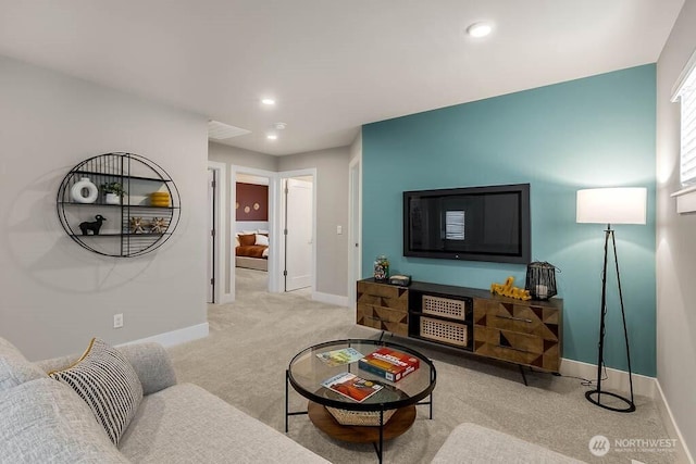 living area with carpet floors, recessed lighting, and baseboards