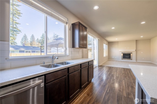 kitchen with dark brown cabinets, dark wood finished floors, stainless steel dishwasher, a glass covered fireplace, and a sink