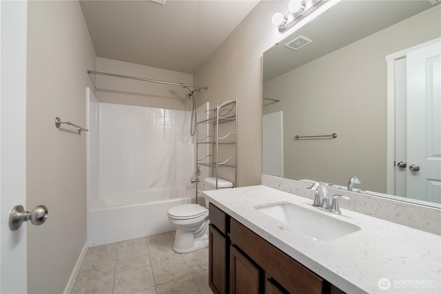 full bath with vanity, visible vents, tile patterned flooring, bathtub / shower combination, and toilet