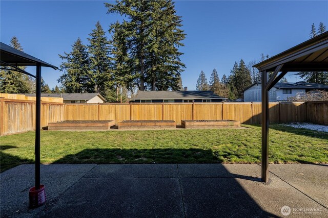 view of yard with a vegetable garden, a fenced backyard, and a patio area