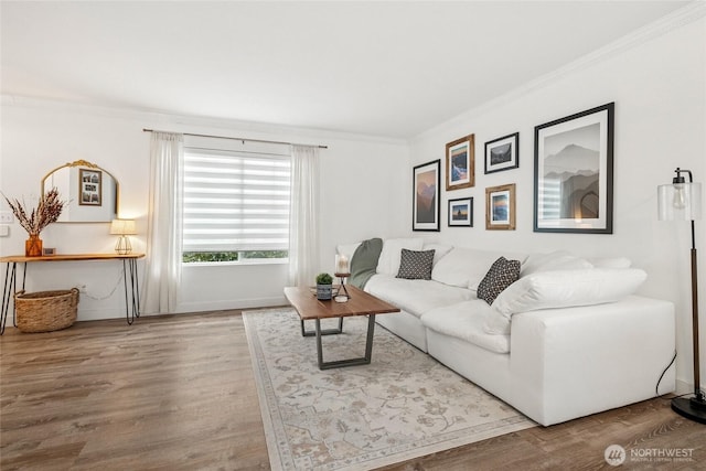 living room with baseboards, wood finished floors, and crown molding