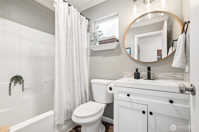 full bathroom with toilet, shower / bathtub combination with curtain, ornamental molding, and vanity