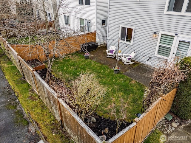 view of yard with a patio area, a vegetable garden, and a fenced backyard