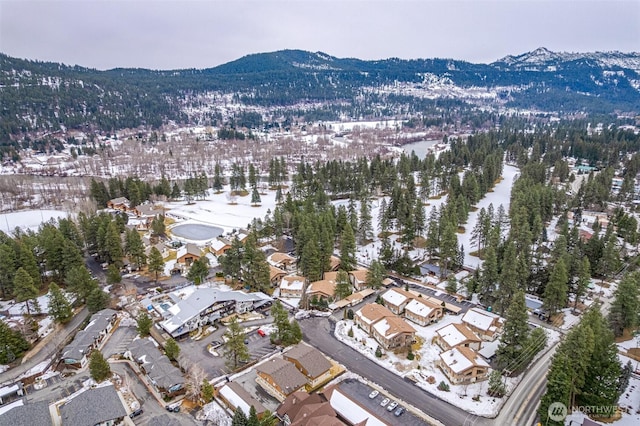 snowy aerial view featuring a mountain view and a residential view