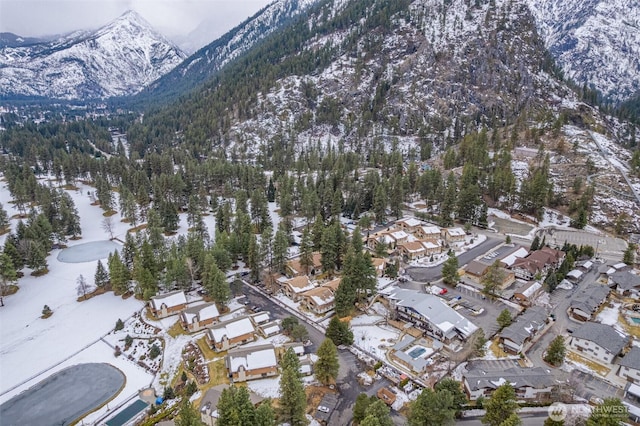 snowy aerial view with a mountain view and a residential view