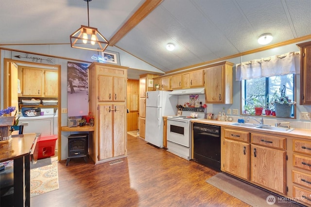 kitchen with lofted ceiling with beams, a wood stove, a sink, white appliances, and under cabinet range hood