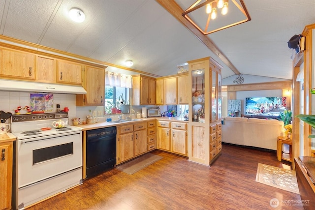 kitchen with dishwasher, electric stove, vaulted ceiling with beams, light countertops, and under cabinet range hood