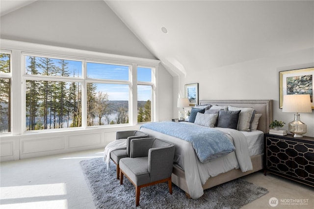 carpeted bedroom featuring vaulted ceiling