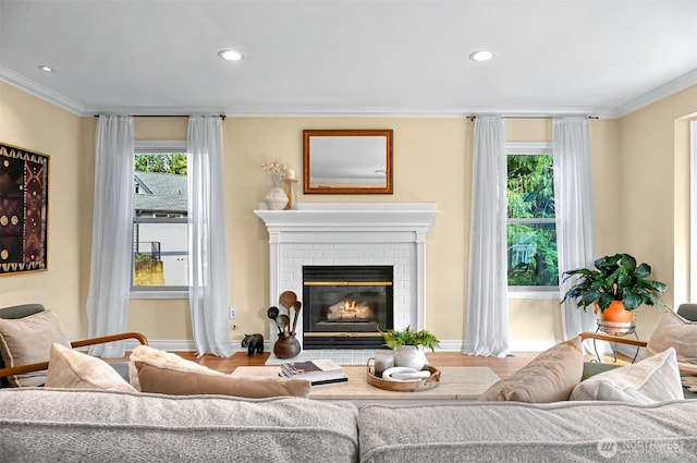 living room with ornamental molding, a fireplace, wood finished floors, and recessed lighting