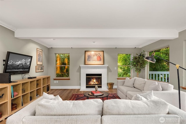 living area featuring a fireplace, wood finished floors, baseboards, ornamental molding, and beamed ceiling