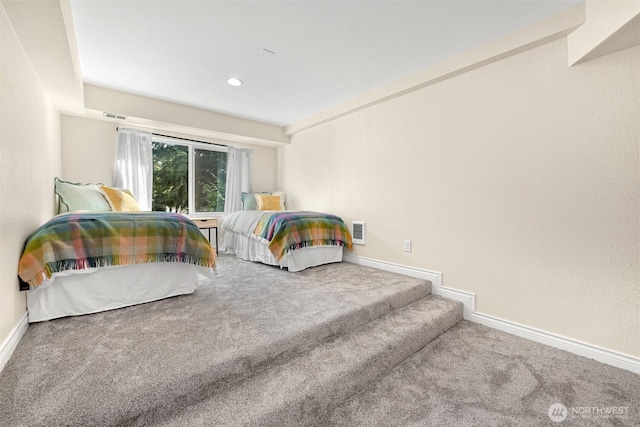 bedroom featuring recessed lighting, carpet flooring, visible vents, and baseboards