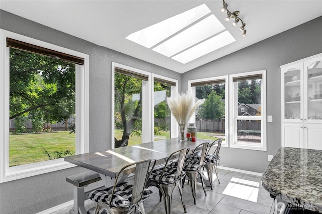 sunroom / solarium with lofted ceiling with skylight and track lighting