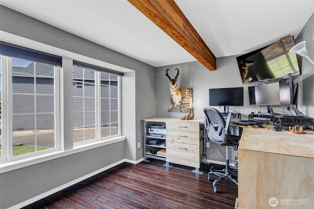 office space with wood finished floors, beam ceiling, and baseboards