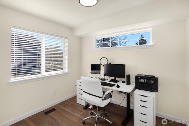 home office with dark wood-style flooring, visible vents, and baseboards