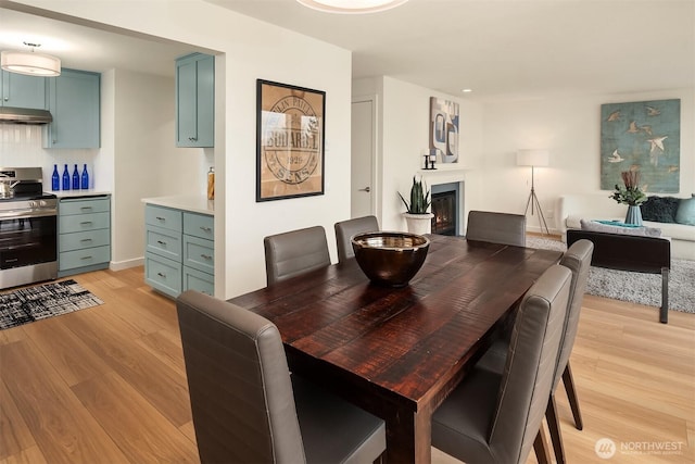 dining space featuring a glass covered fireplace and light wood-style flooring