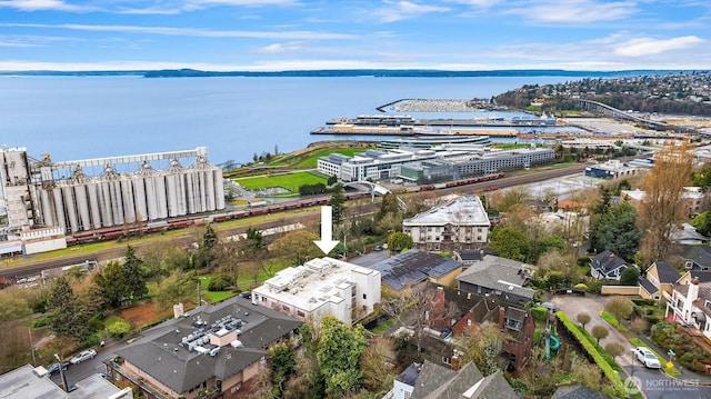 aerial view featuring a water view