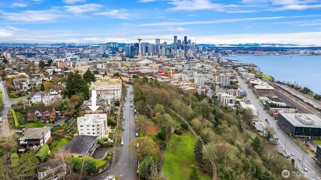 bird's eye view with a view of city and a water view