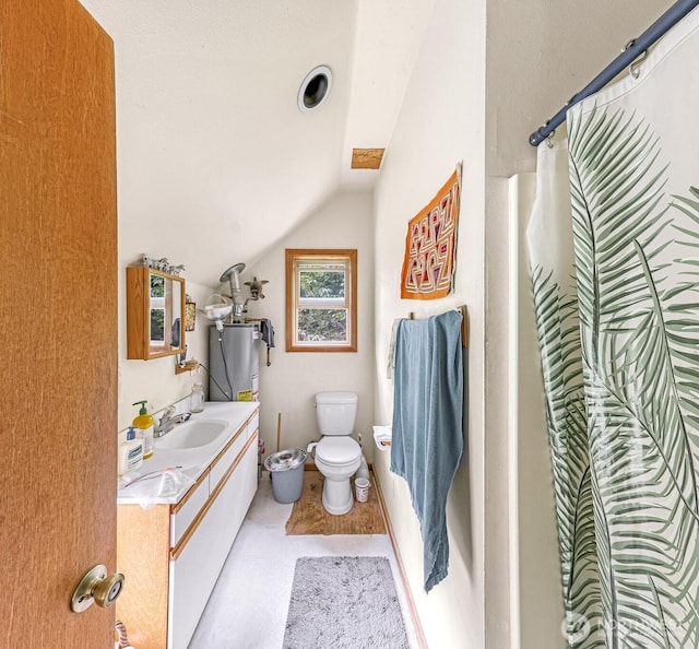 bathroom with gas water heater, toilet, lofted ceiling, a shower with curtain, and vanity