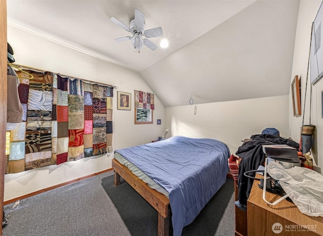 bedroom featuring carpet floors, ceiling fan, and vaulted ceiling