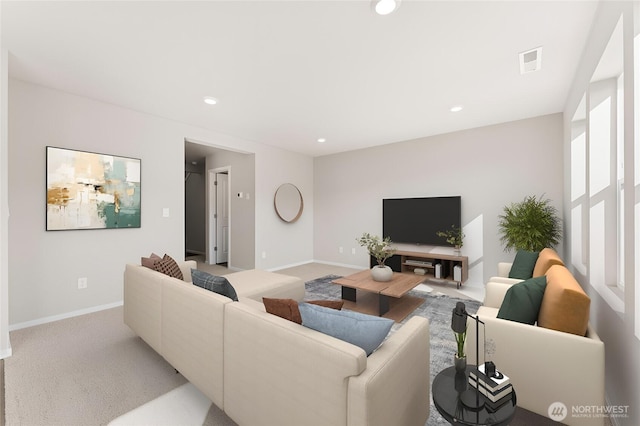 living area with baseboards, light carpet, visible vents, and recessed lighting