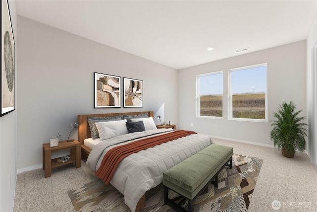 bedroom with baseboards and light colored carpet