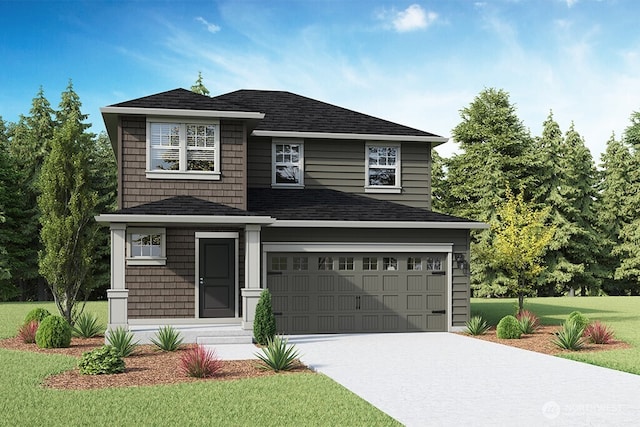 view of front facade featuring driveway, an attached garage, a front lawn, and roof with shingles