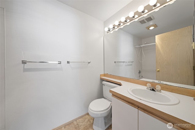 full bathroom with toilet, tile patterned floors, visible vents, and vanity