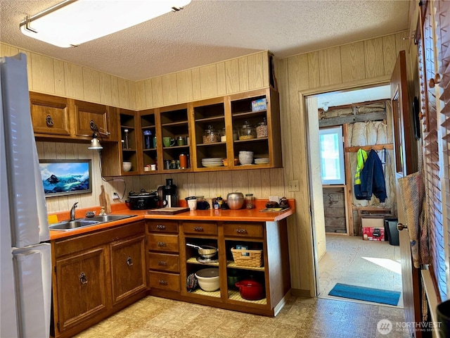 interior space featuring light floors, freestanding refrigerator, a sink, wooden walls, and a textured ceiling