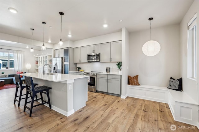 kitchen featuring light wood finished floors, stainless steel appliances, decorative backsplash, and gray cabinetry