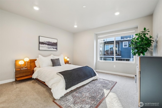 bedroom featuring carpet, baseboards, and recessed lighting