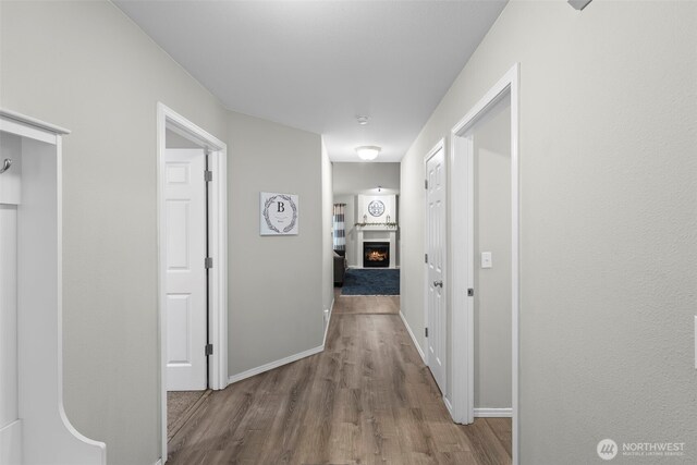 hallway featuring wood finished floors and baseboards