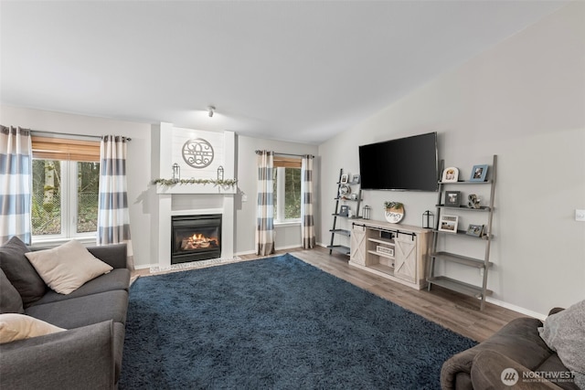 living area featuring vaulted ceiling, plenty of natural light, wood finished floors, and a fireplace with flush hearth