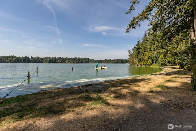 dock area with a wooded view and a water view