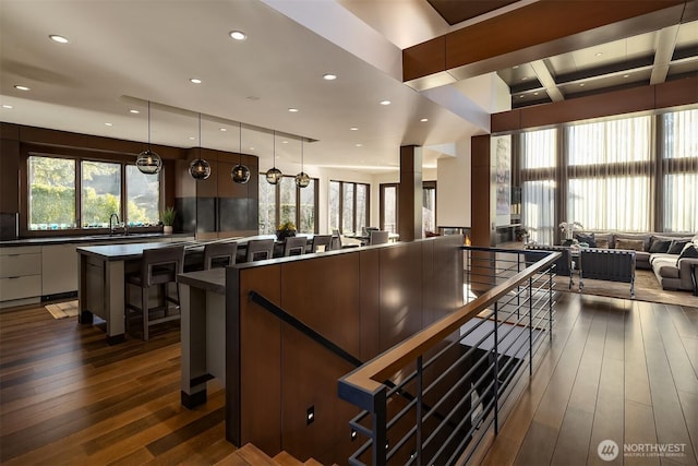 kitchen featuring modern cabinets, dark countertops, a spacious island, open floor plan, and dark wood finished floors