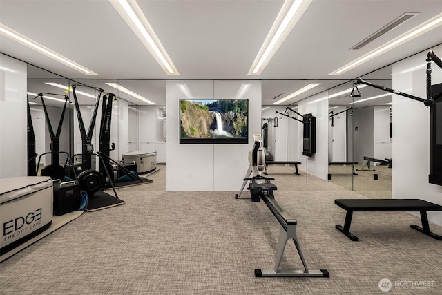 workout area with visible vents and carpet