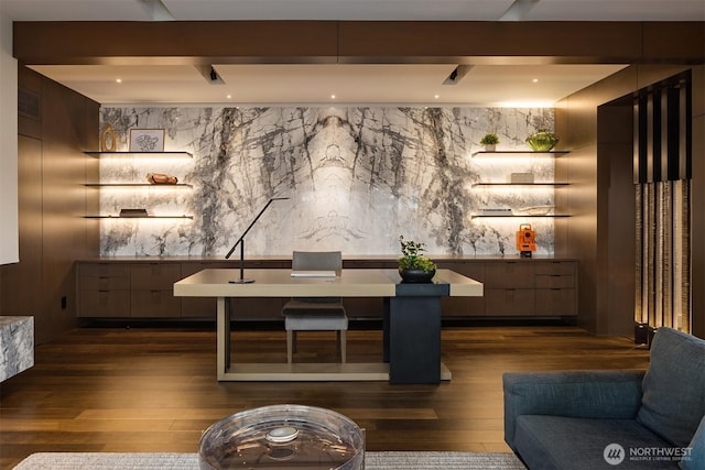 bar featuring visible vents, beam ceiling, and dark wood-style floors