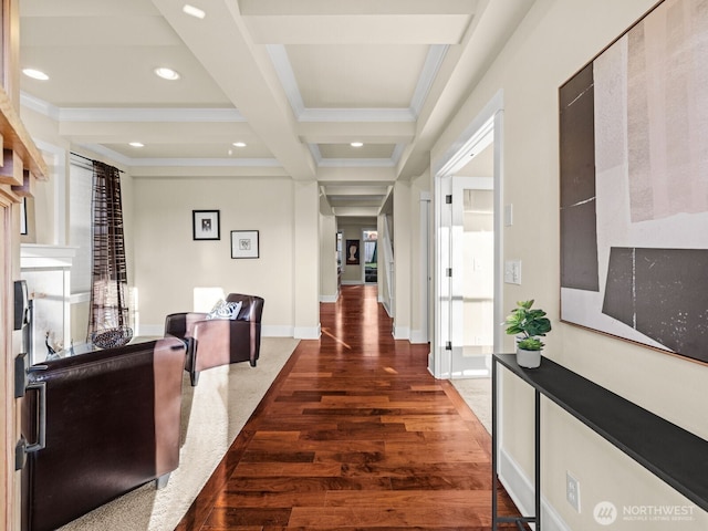 corridor featuring recessed lighting, coffered ceiling, wood finished floors, baseboards, and beamed ceiling