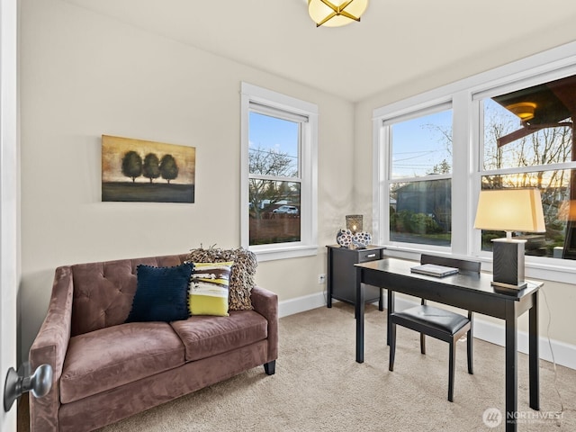 office area featuring baseboards and light colored carpet