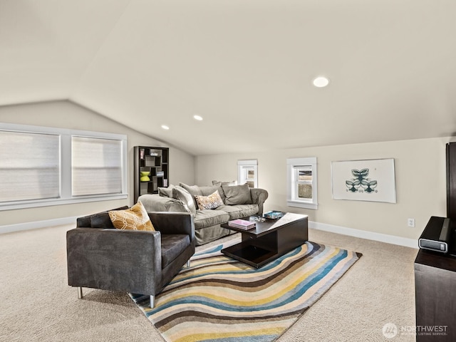 living room with carpet floors, recessed lighting, vaulted ceiling, and baseboards