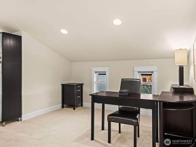 office space featuring recessed lighting, baseboards, and light colored carpet