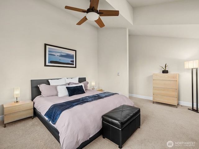 bedroom with ceiling fan, carpet flooring, and baseboards